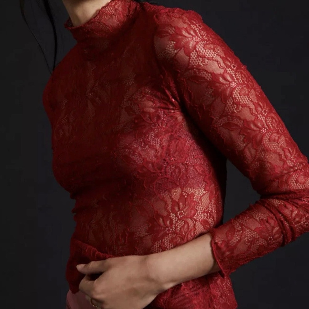Red sheer Lace Top Anthro size M